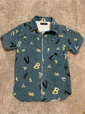VALABASAS Play “PUZZLED” CAMO WOVEN Jean SHIRT Allover Letters Boy Size 18